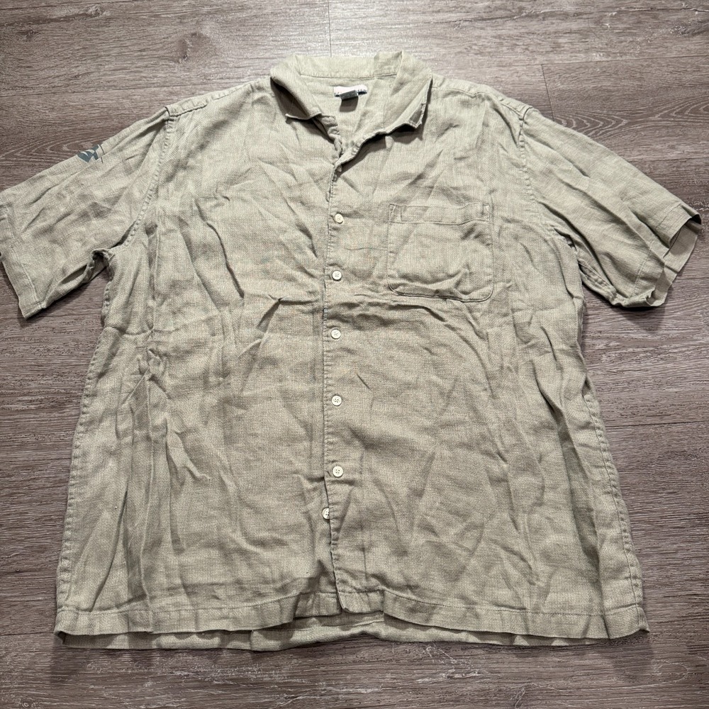 Breakwater Shirt Mens Large Green 100% Linen Graphic Sleeve Summer Vacation Boho